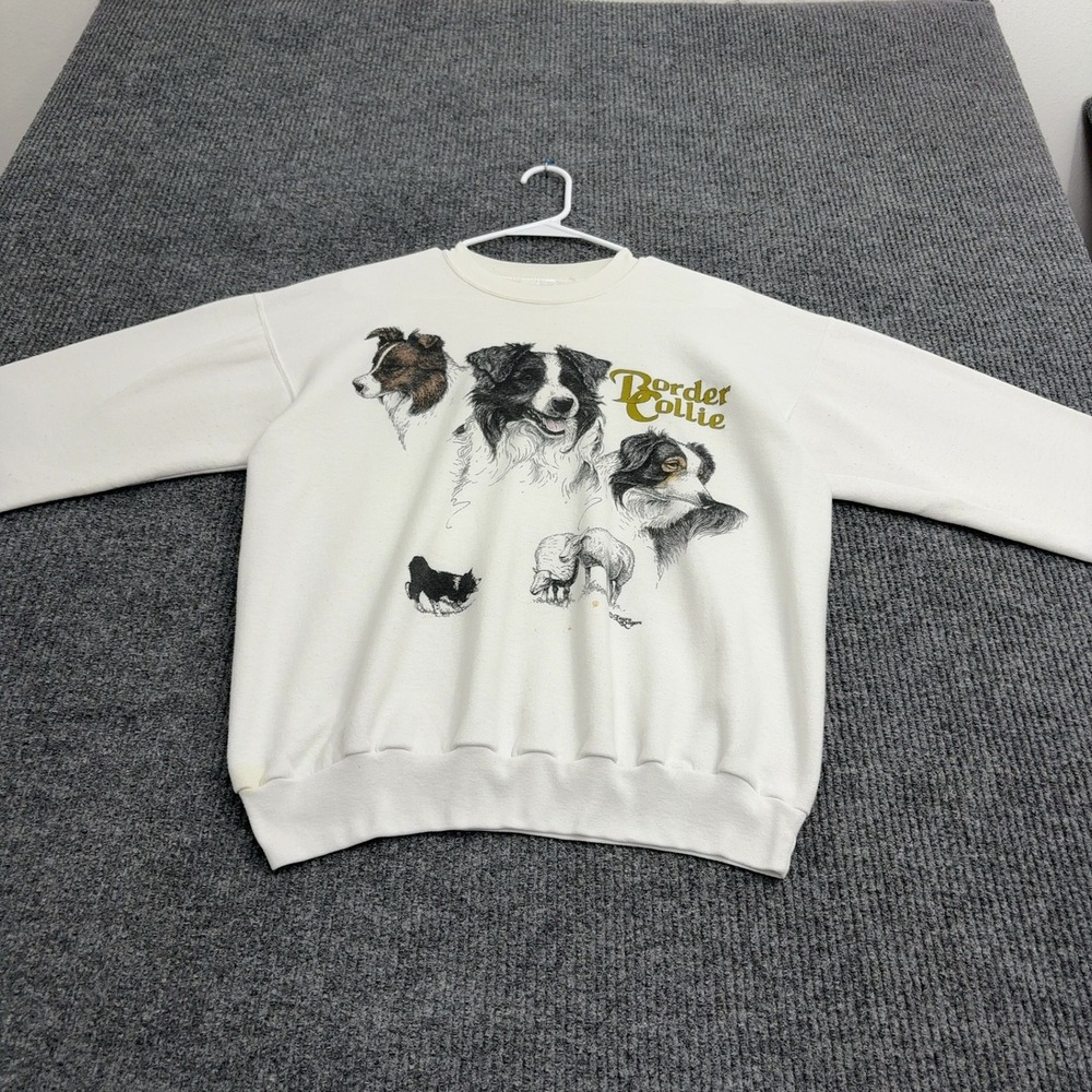Vintage Border Collie Hanes Sweatshirt Adult M White Cotton Blend Graphic Casual